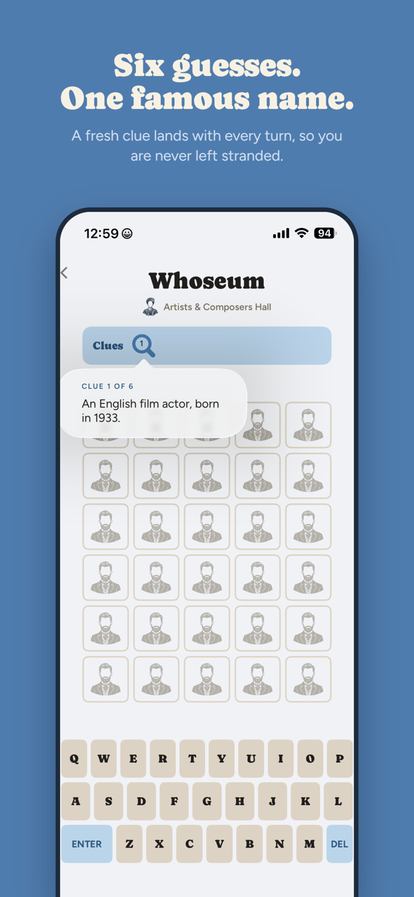 Whoseum gameplay: a clue reveals as you guess