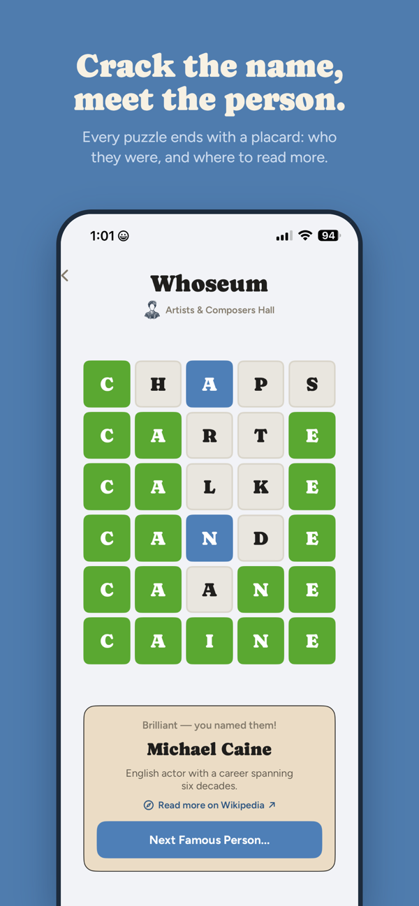 Whoseum puzzle solved, revealing Michael Caine with a link to read more